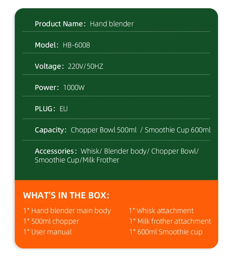 Wancle Electric Immersion Hand Blender Mixer 1000W 5 in 1 Powerful Kitchen Blender for Egg Whisk Meat Grinder Food Processor